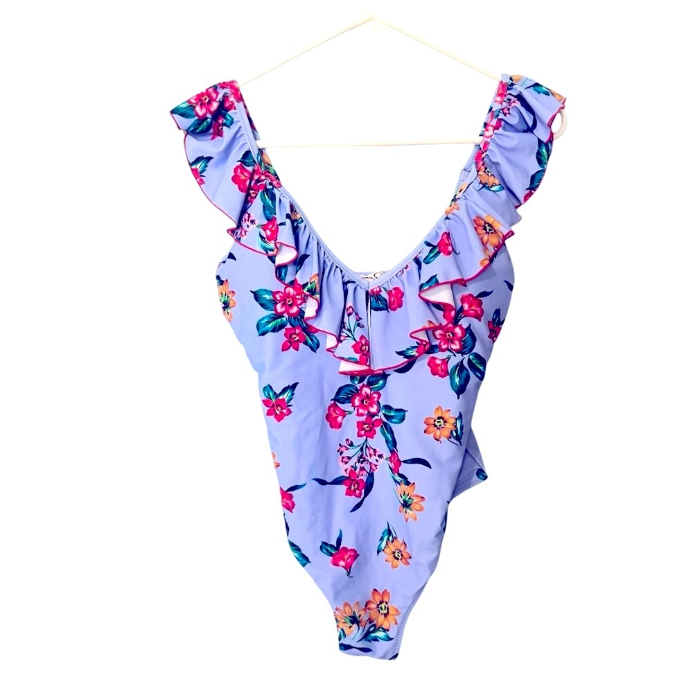 Jessica Simpson Blue Floral Frill Print Ruffled Bathing Suit M